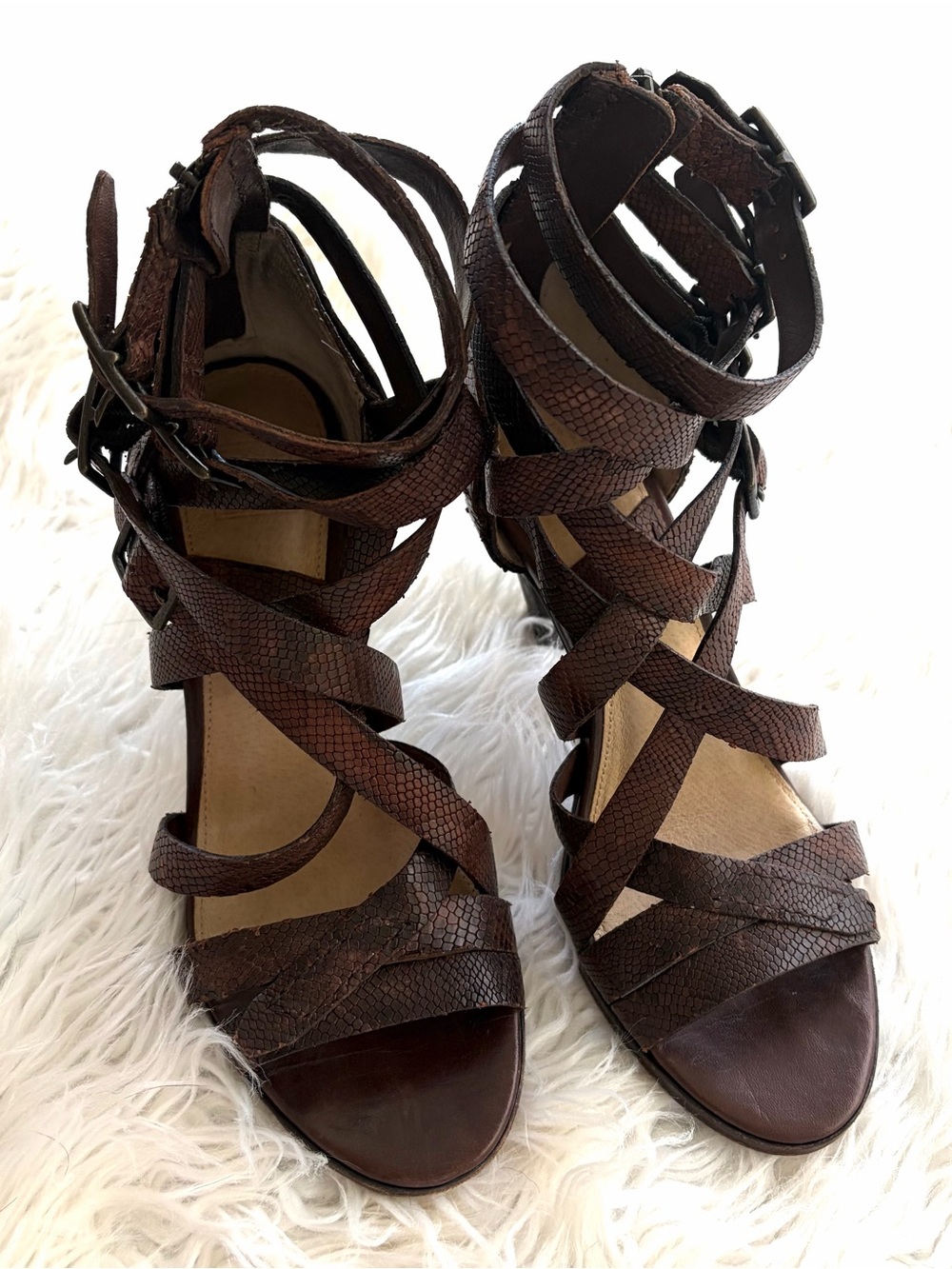 Frye Mika Embossed Leather Strappy Heel gladiator-style Sandals size 9 - Picture 2 of 13